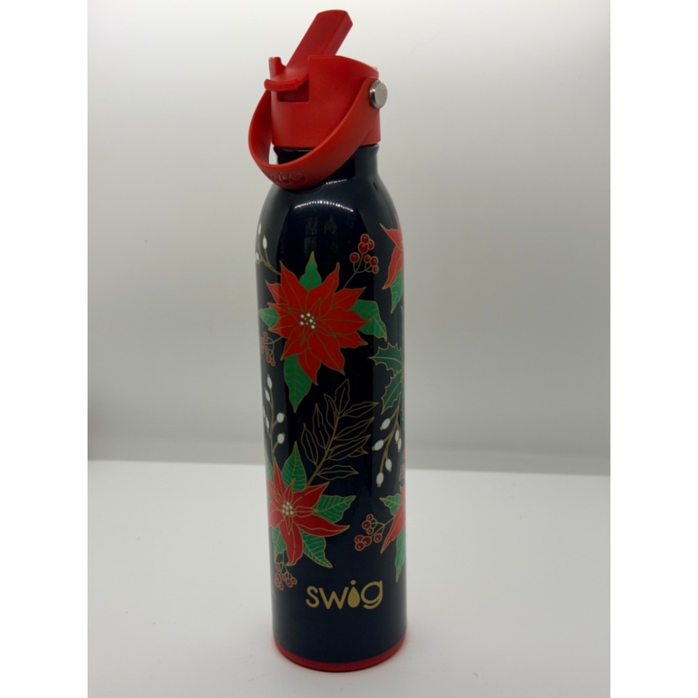 Swig Life Poinsettia Insulated Water Bottle Black Red Christmas Floral Straw Lid